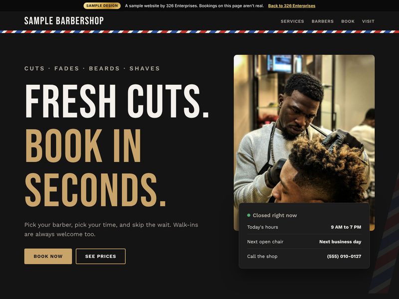 Barbershop sample site, top of the page