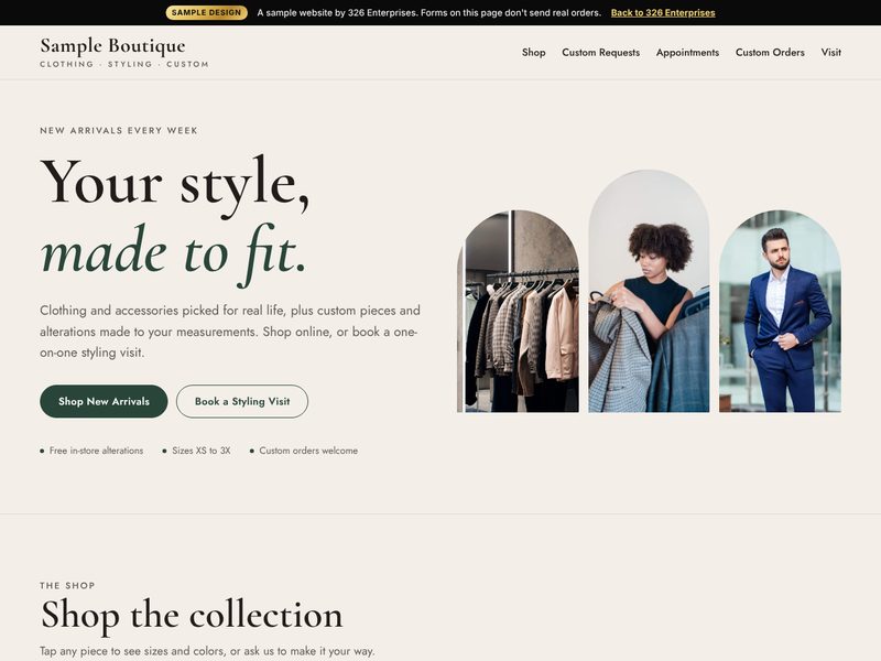 Boutique sample site, top of the page