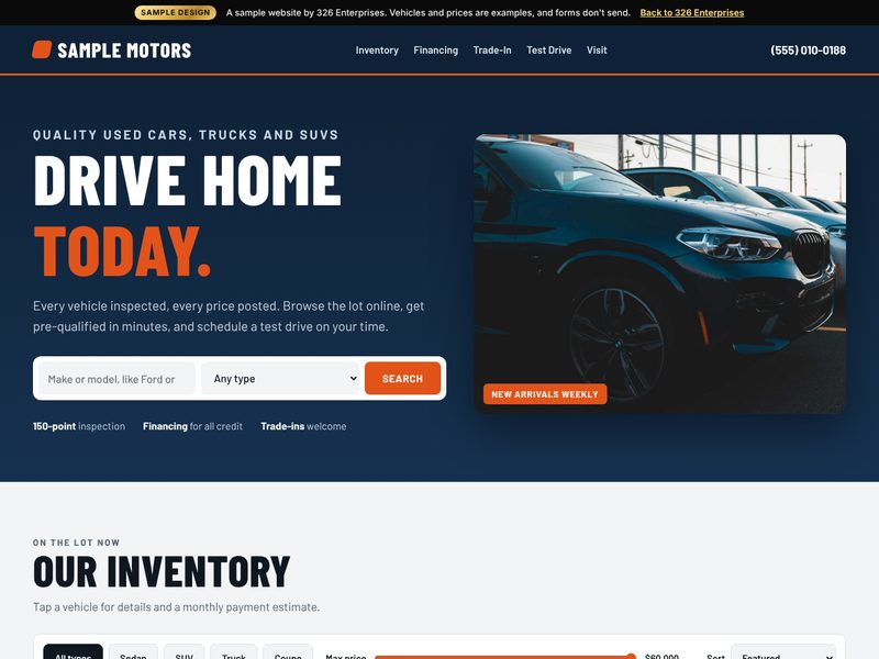 Car lot sample site, top of the page